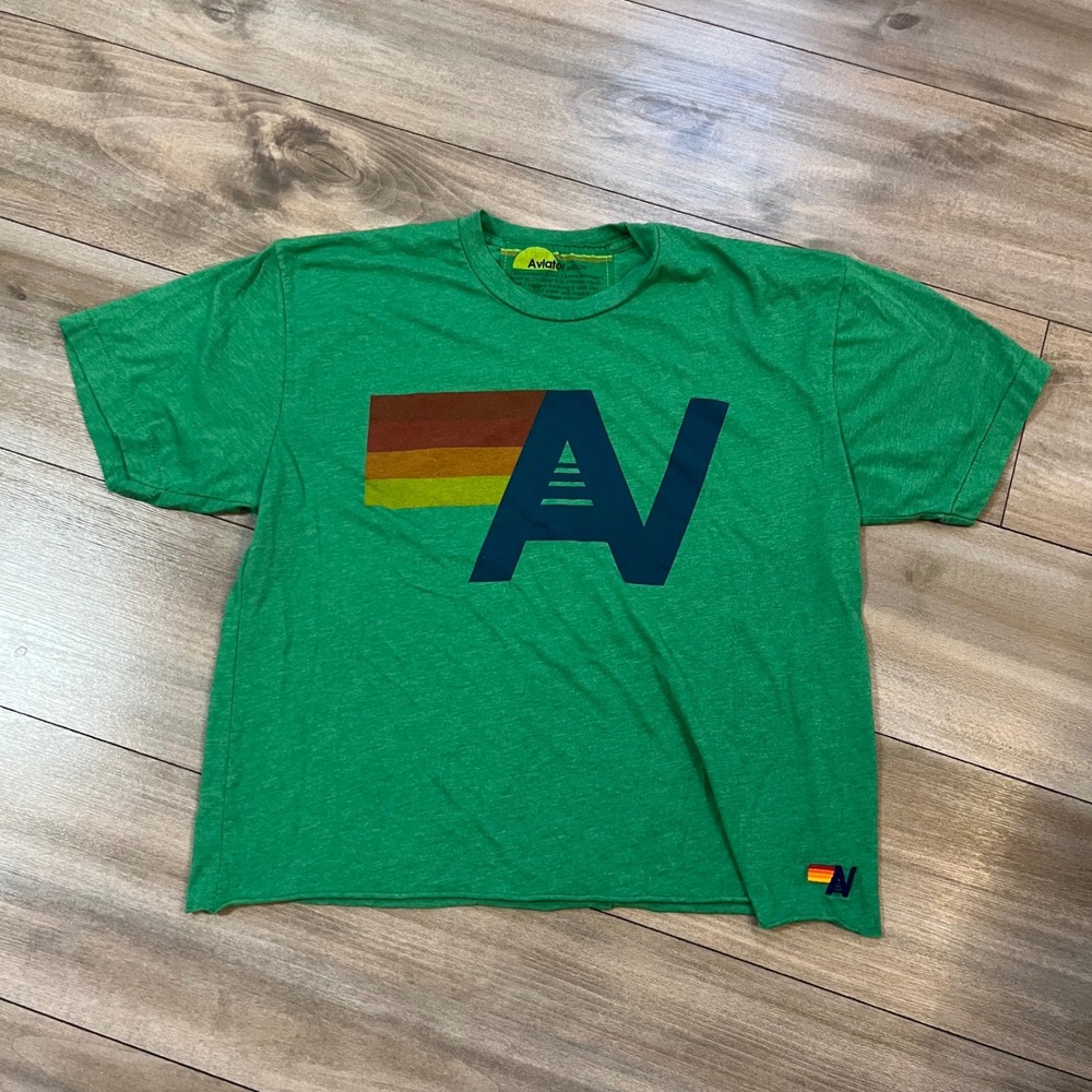 Aviator Nation Kelly Green Logo Graphic Tee Large Rainbow Stripe Shirt F-201